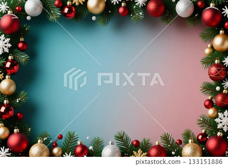 Brightly colored ornaments and green pine branches frame a soft pastel background, perfect for holiday cards or festive display, capturing the spirit of Christmas and New Year Generative AI Brightly colored ornaments and green pine branches frame a soft pastel background, perfect for holiday cards or festive display, capturing the spirit of Christmas and New Year Generative AI 133151886