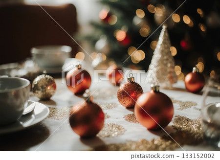 Decorative ornaments in warm tones are arranged on a table, complemented by a small decorative tree nearby. The atmosphere is joyous as families prepare for a Christmas gathering Generative AI Decorative ornaments in warm tones are arranged on a table, complemented by a small decorative tree nearby. The atmosphere is joyous as families prepare for a Christmas gathering Generative AI 133152002