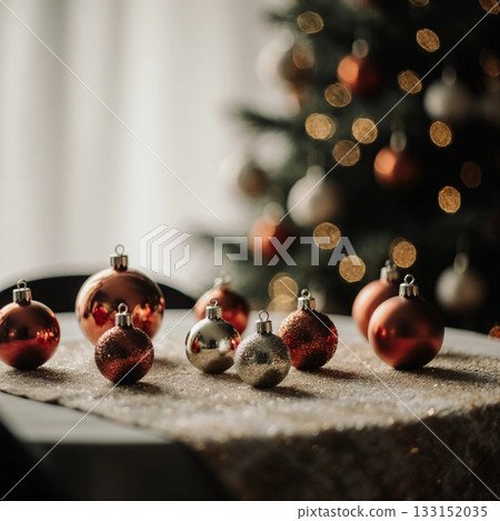 Decorative ornaments in various colors and textures are artfully placed on a shimmering tablecloth, while a beautifully lit Christmas tree adds a warm festive glow in the background Generative AI 133152035