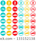 Round stamp-shaped icons for transportation and travel, set of 3 traffic light colors and 2 types 133152138