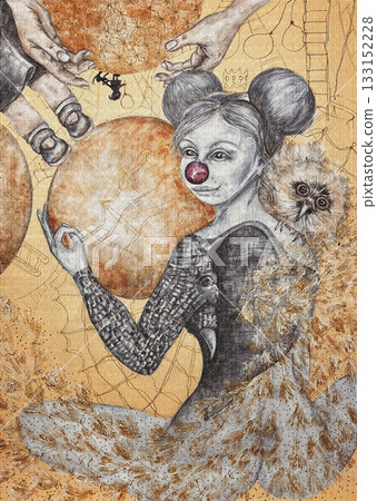A girl with an elephant tattoo in the lotus position meditates. An owl is on her shoulder. Three planets, one of which has a silhouette of a child with a cat. The work is done in mixed media on burlap 133152228