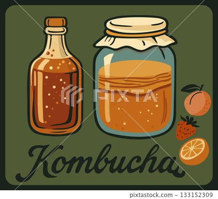 Kombucha tea retro vector poster with vintage lettering Kombucha tea retro vector poster with vintage lettering 133152309