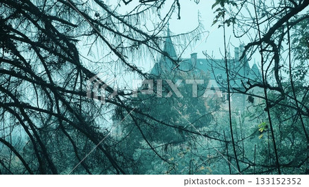Historic chateau in Uriage seen through tree branches on misty autumn day, France 133152352