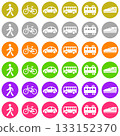 A colorful set of six round stamp-shaped icons for transportation and travel 133152370
