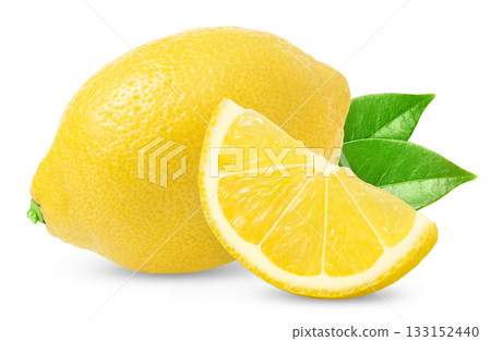 Lemon fruit with leaves and slice isolated on a white background. Fresh and Juicy Lemons with cut. 133152440