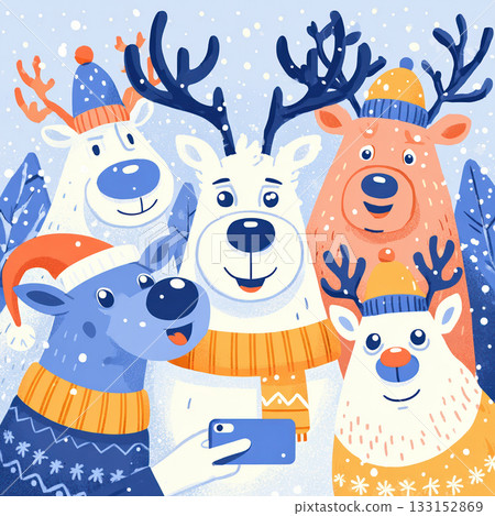 Cute vector of reindeer, bears, and animal friends taking selfie in snowy forest. Whimsical winter illustration perfect for Christmas and holiday cards. Vector illustration 133152869