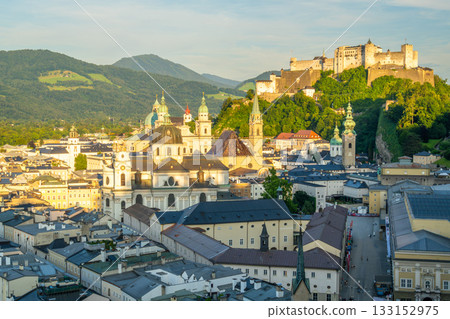 Salzburg Old Town and Hohensalzburg Fortress on Sunny Evening. Austria 133152975