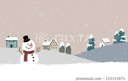 Illustration of a winter scene depicting a snowy Scandinavian-style townscape and snowmen 133153073