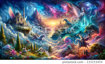 一幅色彩鮮豔的奇幻插畫。 133153454