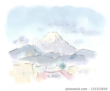 從關東地區（多摩地區）看到的富士山雪景水彩畫 133153630