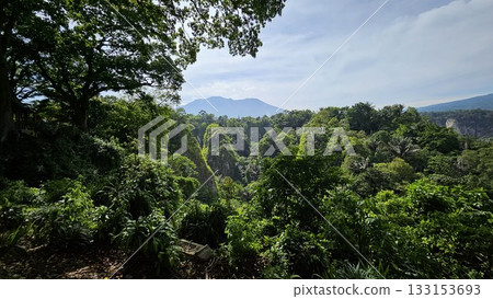 A stunning viewpoint at Panorama Ngarai Sianok showcases lush greenery, towering trees, and a majestic mountain under the clear blue sky, offering a peaceful harmony. 133153693