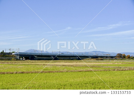 Autumn scenery of the Tokaido Shinkansen train running through the fields after the rice harvest 133153733