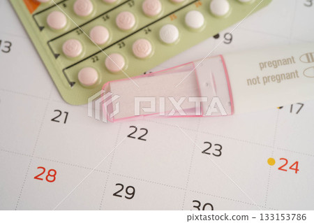 Pregnancy test with birth control pills for female of ovulation day, fetus, maternity, childbirth. 133153786