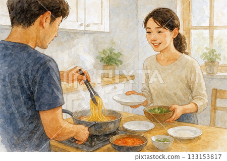 A Japanese couple cooking pasta together in the kitchen during the day 133153817