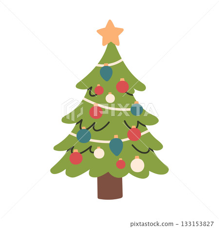 Cute vector illustration of a decorated Christmas tree with colorful ornaments and a star on top. Simple festive holiday design, perfect for greeting cards, stickers, promo and seasonal decorations Cute vector illustration of a decorated Christmas tree with colorful ornaments and a star on top. Simple festive holiday design, perfect for greeting cards, stickers, promo and seasonal decorations 133153827