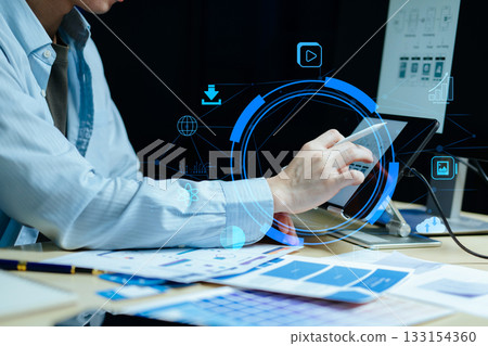 UX graphic designer planning application process development prototype wireframe for web smart phone. UX graphic designer planning application process development prototype wireframe for web smart phone. 133154360