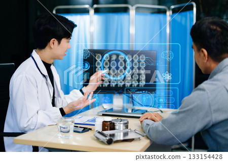 Doctor analyzes brain scans using futuristic AI and holographic health data overlays. Perfect for concepts in smart healthcare, medical tech, A 133154428