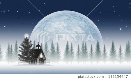 Christmas tree and church in the moonlight, fir tree in the background (background material for adding text) Christmas tree and church in the moonlight, fir tree in the background (background material for adding text) 133154447