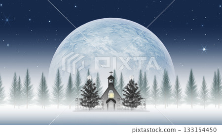 Christmas tree and church under a moonlit night (Two trees version) (background material for adding text) Christmas tree and church under a moonlit night (Two trees version) (background material for adding text) 133154450