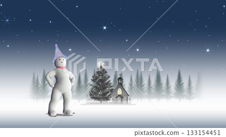 一個雪人站在聖誕樹和教堂前（背景素材，可添加文字） 133154451