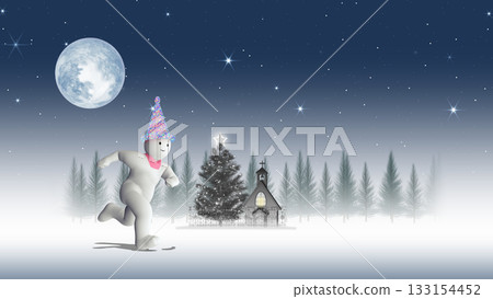 A running snowman with a Christmas tree and church in the moonlight (background material for adding text) 133154452