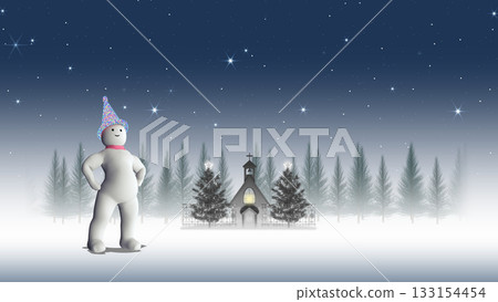 雪人站在聖誕樹和教堂前(雙樹版)(可添加文字的背景素材) 雪人站在聖誕樹和教堂前(雙樹版)(可添加文字的背景素材) 133154454