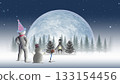 月光下，雪人望著聖誕樹和教堂（雙樹版）（可添加文字的背景素材） 133154456
