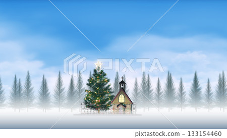 A church and fir tree decorated for Christmas against the backdrop of a winter sky (background material for adding text) A church and fir tree decorated for Christmas against the backdrop of a winter sky (background material for adding text) 133154460
