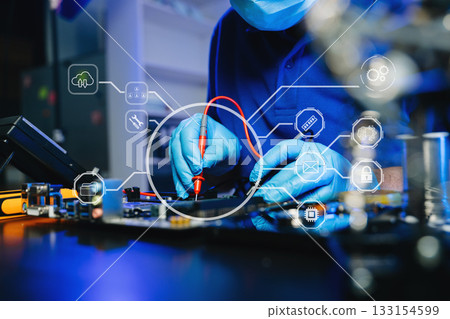 Engineer repairing motherboard with smart AI, cloud, and chip icons. Futuristic tech, hardware, and repair concept Engineer repairing motherboard with smart AI, cloud, and chip icons. Futuristic tech, hardware, and repair concept 133154599