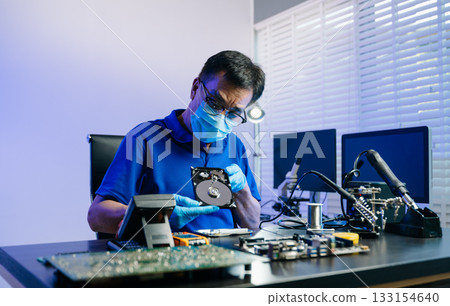 Skilled technician in lab coat and gloves recovers data from hard disk. 133154640