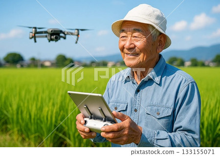 一位微笑的老農民在稻田裡操作無人機。 一位微笑的老農民在稻田裡操作無人機。 133155071