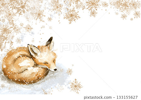 水彩插畫背景，描繪了一隻狐狸在冬日雪景中酣睡的場景。 133155627