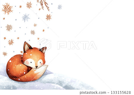 水彩插畫背景，描繪了一隻狐狸在冬日雪景中酣睡的場景。 133155628