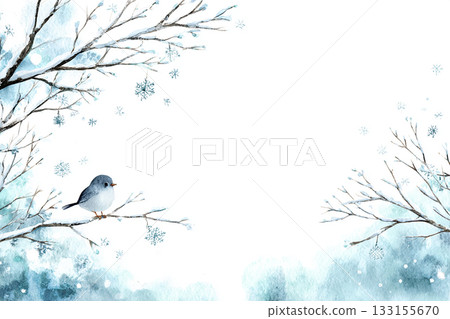 水彩冬日風景，樹枝上棲息著小鳥，背景插圖 133155670