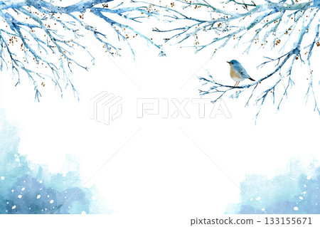 水彩冬日風景，樹枝上棲息著小鳥，背景插圖 133155671