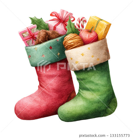 透明背景上裝滿聖誕糖果的紅色和綠色襪子的插圖（png） 133155773