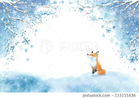 水彩插畫,描繪一隻狐狸站在冬日森林(畫框素材) 水彩插畫,描繪一隻狐狸站在冬日森林(畫框素材) 133155836