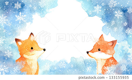 冬狐與雪水彩背景框 133155935