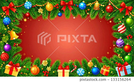 A gorgeous Christmas frame that stands out against a red background 133156264