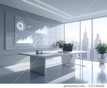 Modern executive office financial data analysis holographic screen technology 133156268