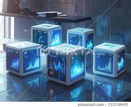 Futuristic business data analysis cubes digital financial technology concept 133156443