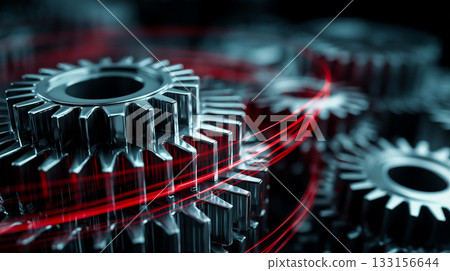 Precision gears and red light trails symbolize industrial technology 133156644