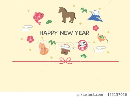 2026 New Year's card template - Set of lucky charms for the Year of the Horse (sea bream, gourd, horse, daruma, kagami mochi, Mt. Fuji, top) 2026 New Year's card template - Set of lucky charms for the Year of the Horse (sea bream, gourd, horse, daruma, kagami mochi, Mt. Fuji, top) 133157036