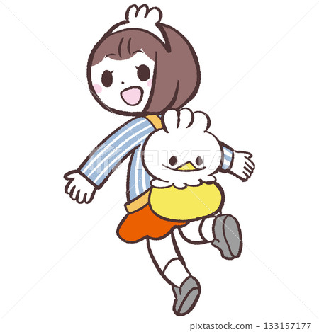 Illustration of a girl with a stuffed animal backpack 133157177