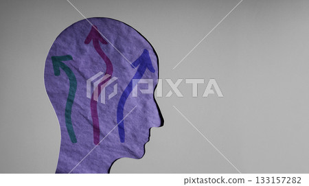 Human head with arrows showing stress, anxiety, confusion 133157282