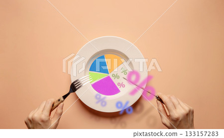 Pie chart served on plate with percentage icon, symbolizes portfolio, investment, capitalism 133157283