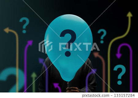 Economic uncertainty symbolized by arrows and a question mark on Balloon Economic uncertainty symbolized by arrows and a question mark on Balloon 133157284