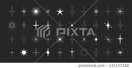 Stars shape set. Twinkle star symbols. Flat Vector illustration isolated on black background Stars shape set. Twinkle star symbols. Flat Vector illustration isolated on black background 133157288