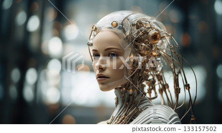 Portrait of female android with intricate circuits and metallic framework head 133157502