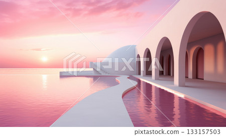 Surreal pink sunset reflecting on water between arched white buildings 133157503